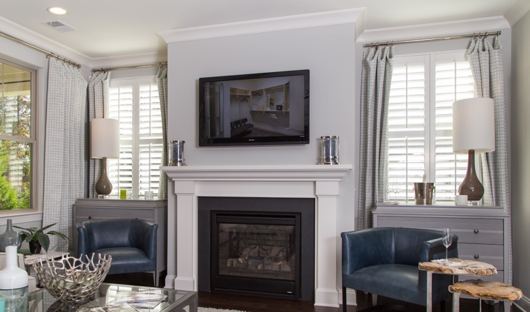 Gainesville fireplace with white shutters.